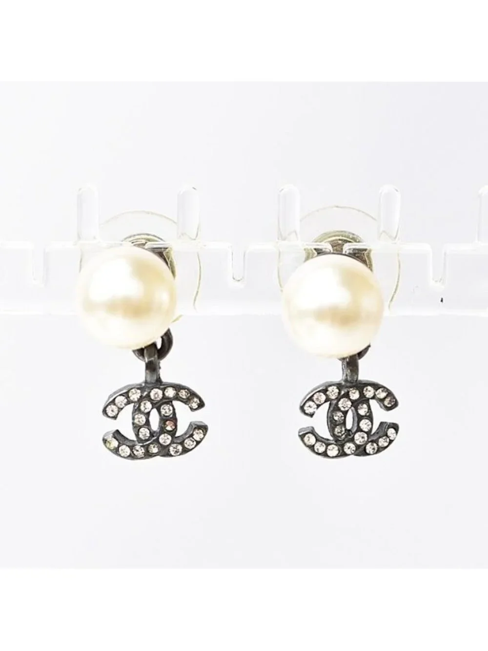 Chanel Logo CC Rhinestone Pearl Swing Coco Mark Gunmetal
